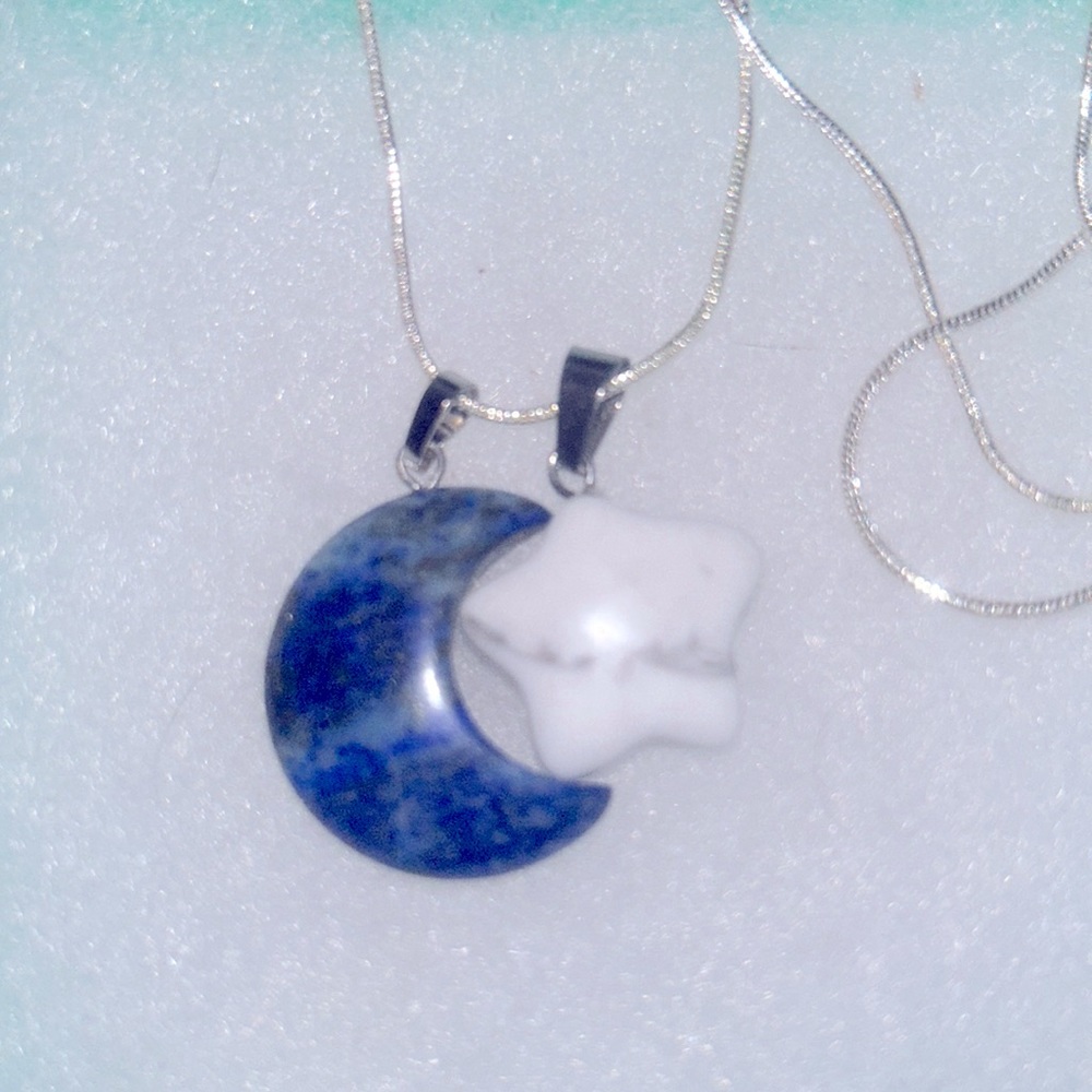 Boho hippie Blue Lapis Lazuli Moon 🌙 and Howlite Star Sterling Silver Necklace